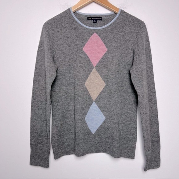 346 Brooks Brothers Lambs Wool Argyle Preppy Academia Crewneck Sweater Gray - Picture 1 of 11